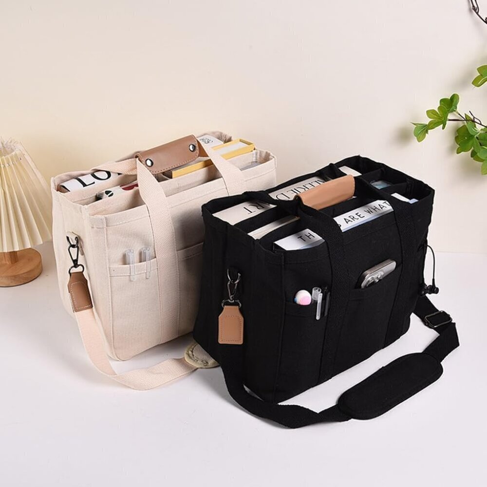 Large Canvas Tote Bag with Multiple Pockets, Travel Work Shoulder Bag - Picture 5 of 6